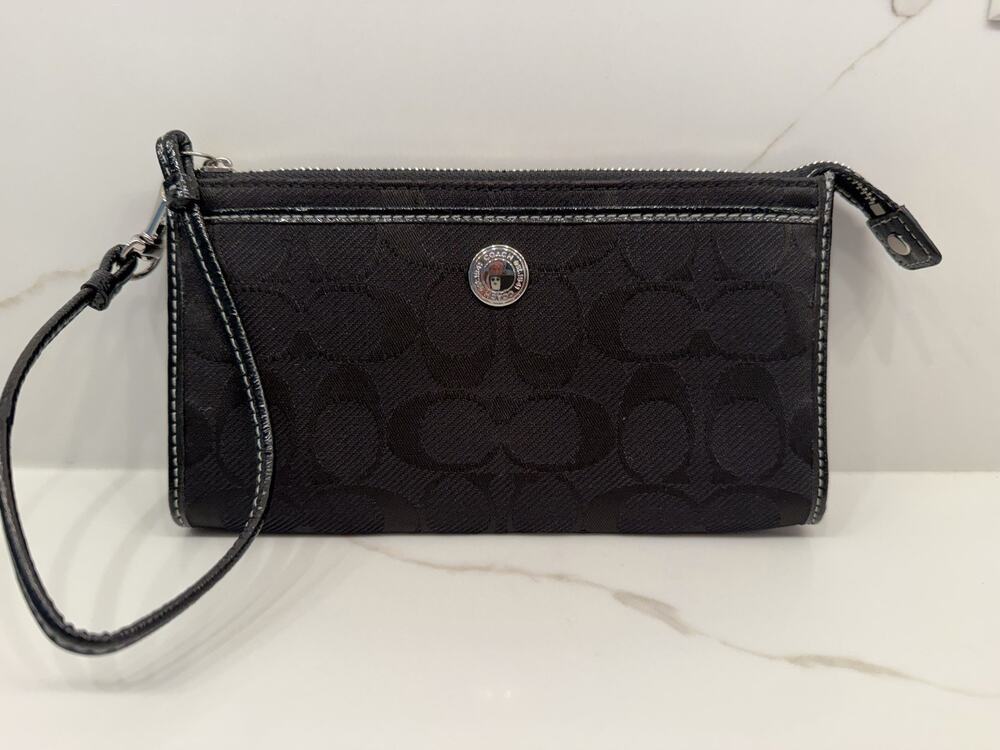 Coach Signature C Black Jacquard Wristlet Wallet Leather Trim Pink Interior